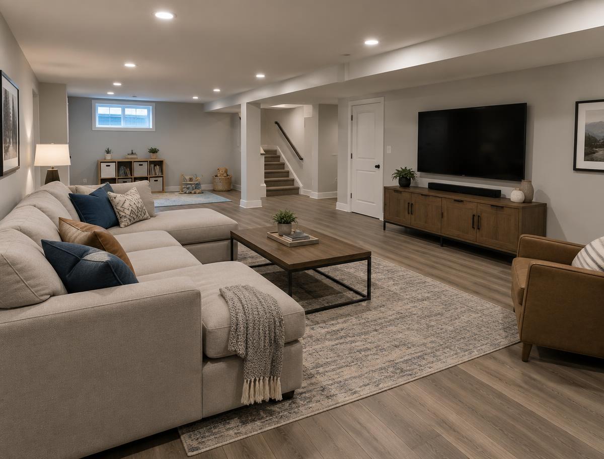 Finished basement living space with new flooring and lighting