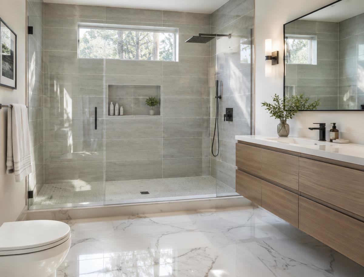 Remodeled bathroom with tiled walk-in shower