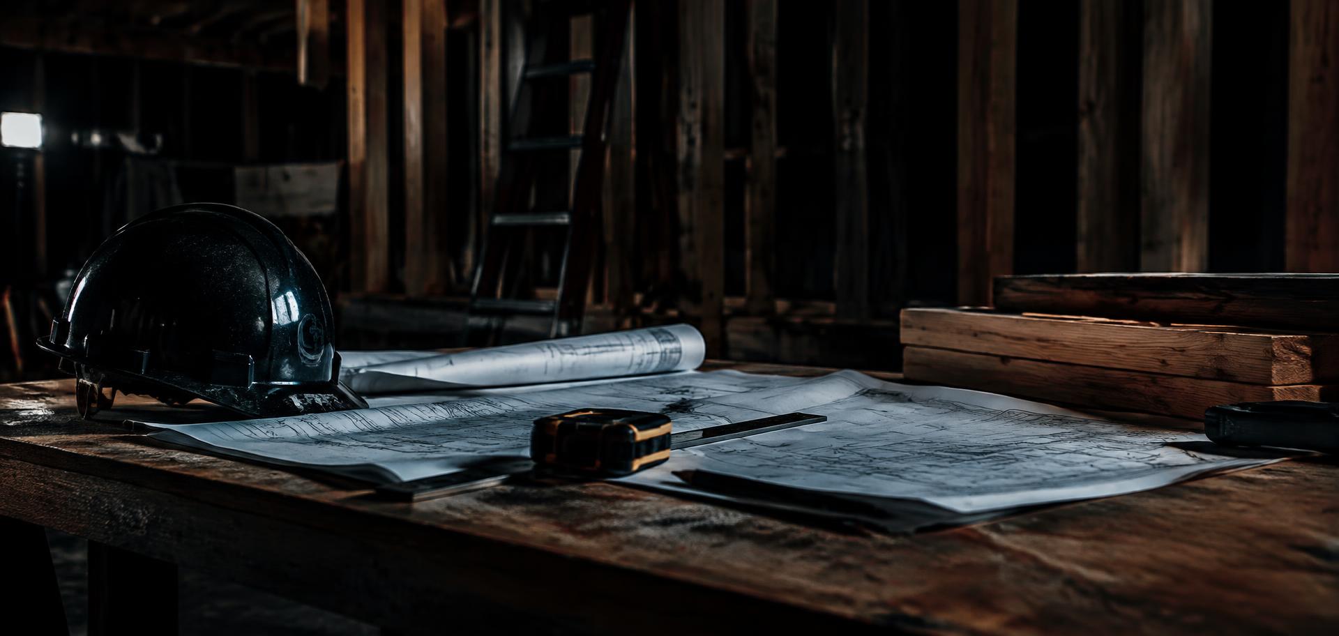 Contractor tools and project plans on a workbench