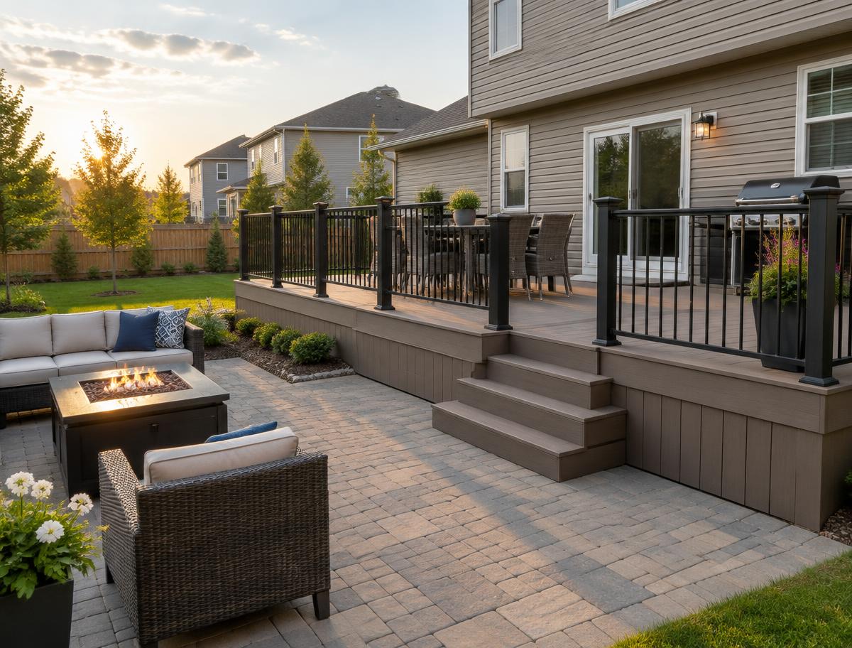 New composite deck and paver patio behind a home