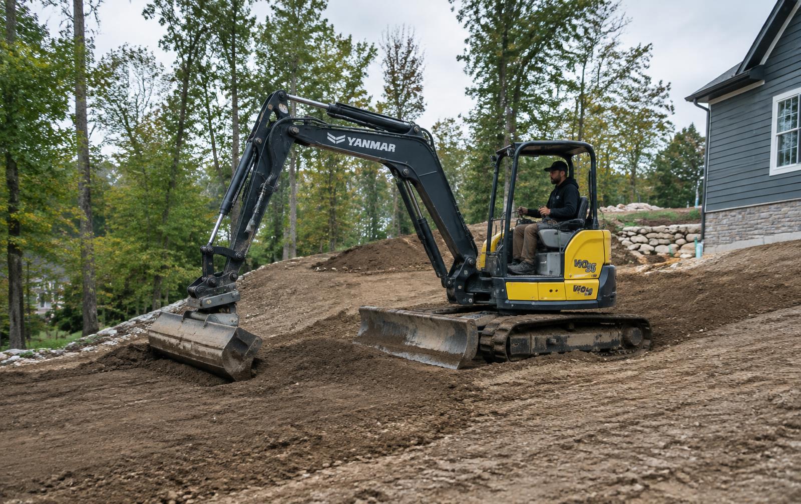 Compact excavator grading a residential property