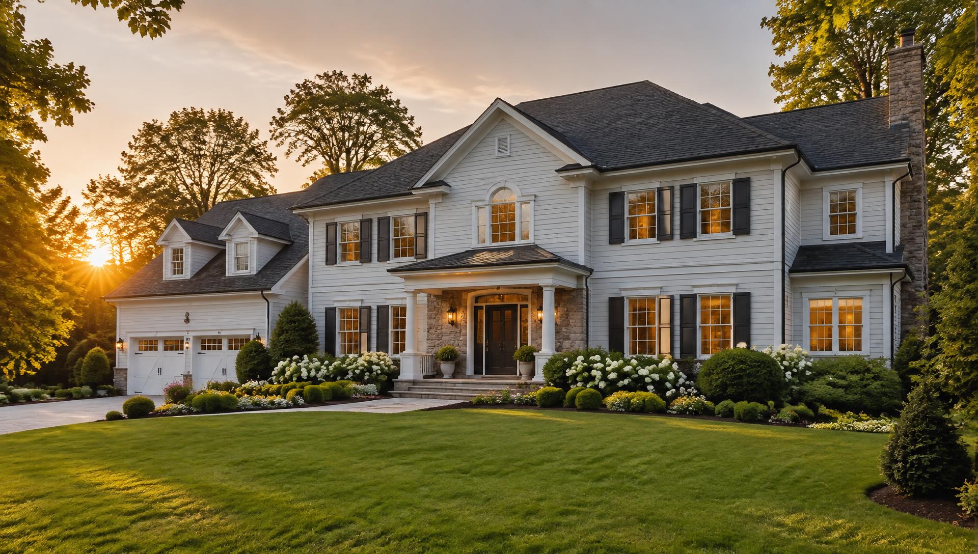Renovated Westchester County home exterior at golden hour