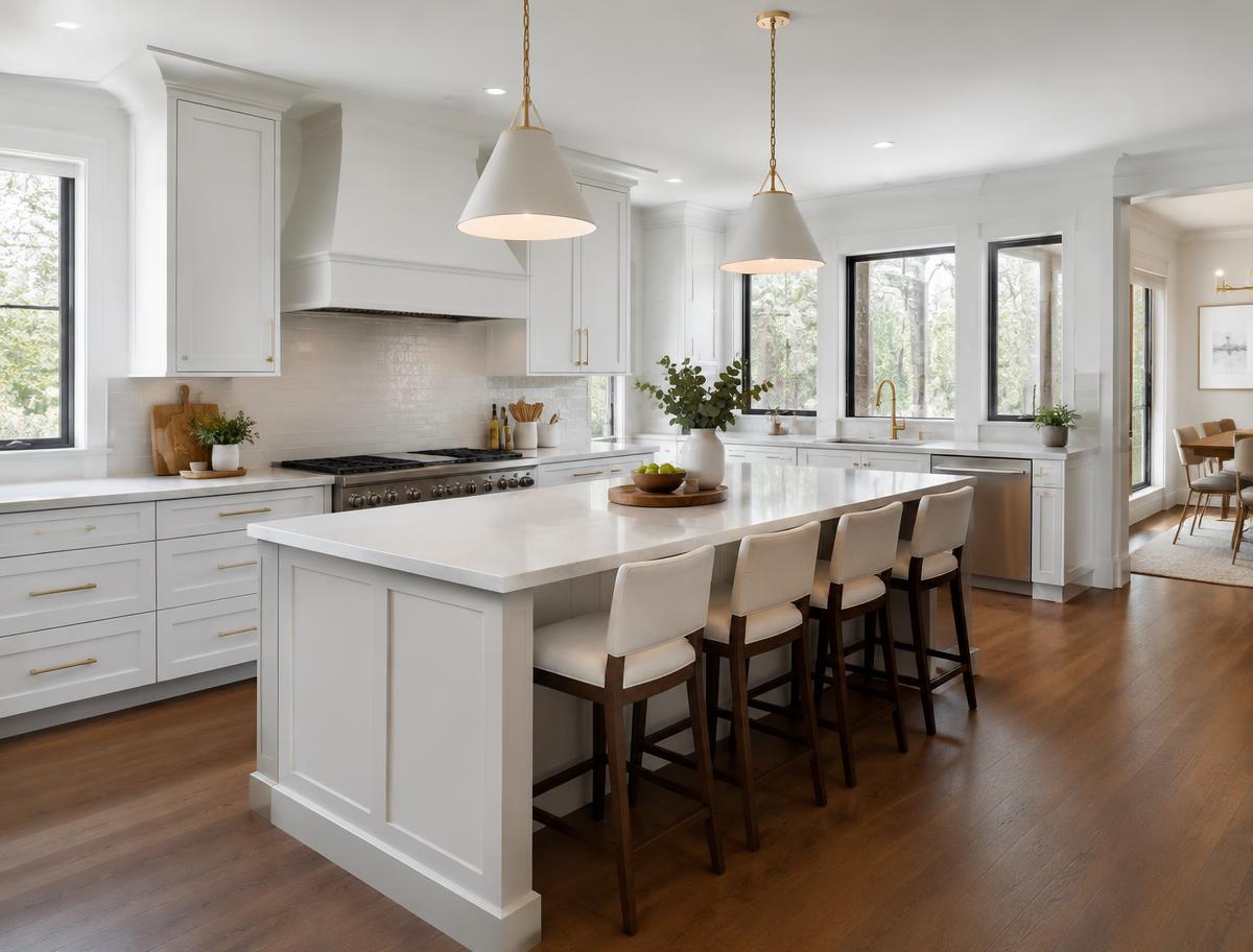 Renovated kitchen with white cabinetry and quartz countertops
