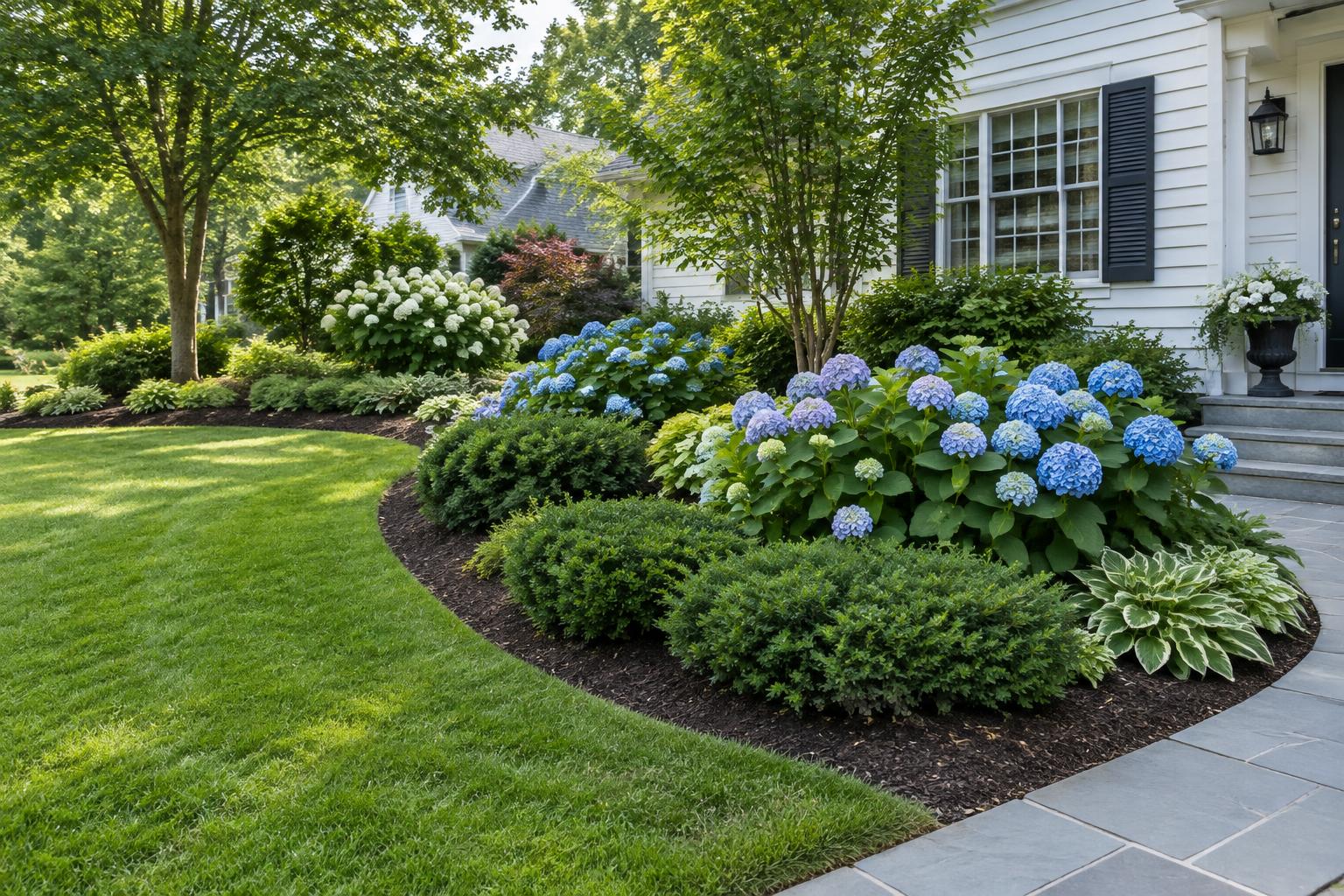 Illustrative planted beds with hydrangeas and defined lawn edges