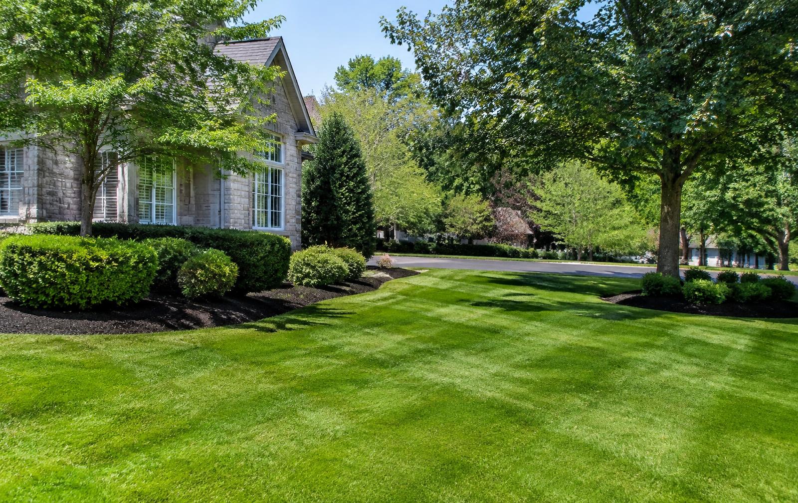 Freshly mulched landscape beds and healthy lawn