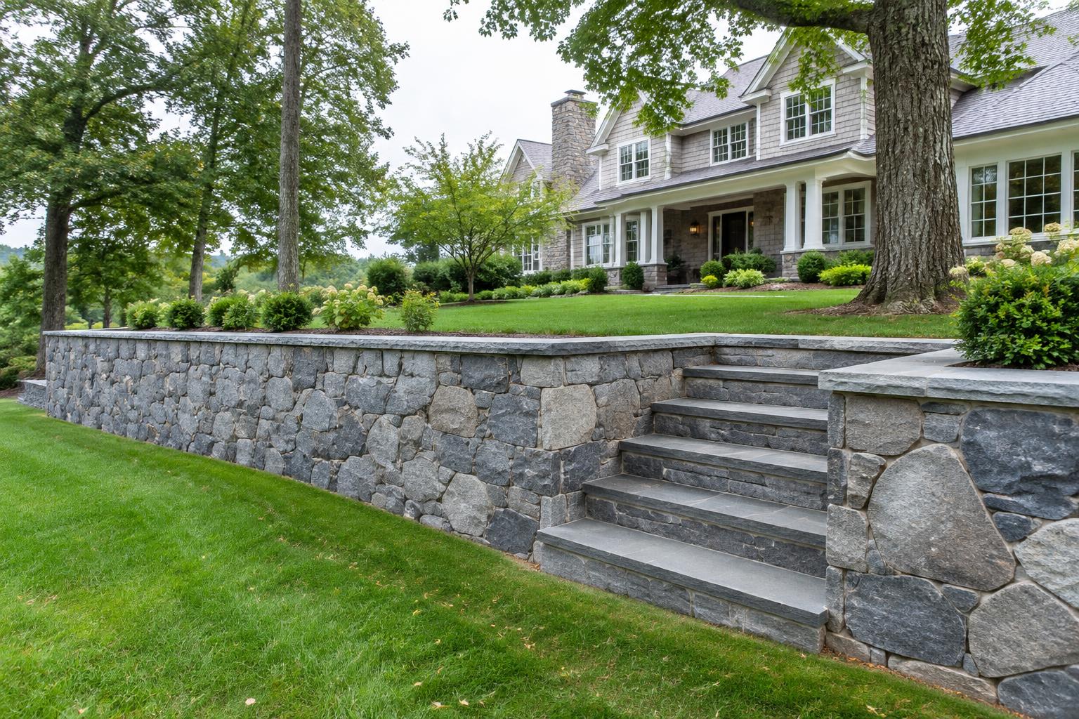 Natural stone retaining wall and steps on a landscaped residential property