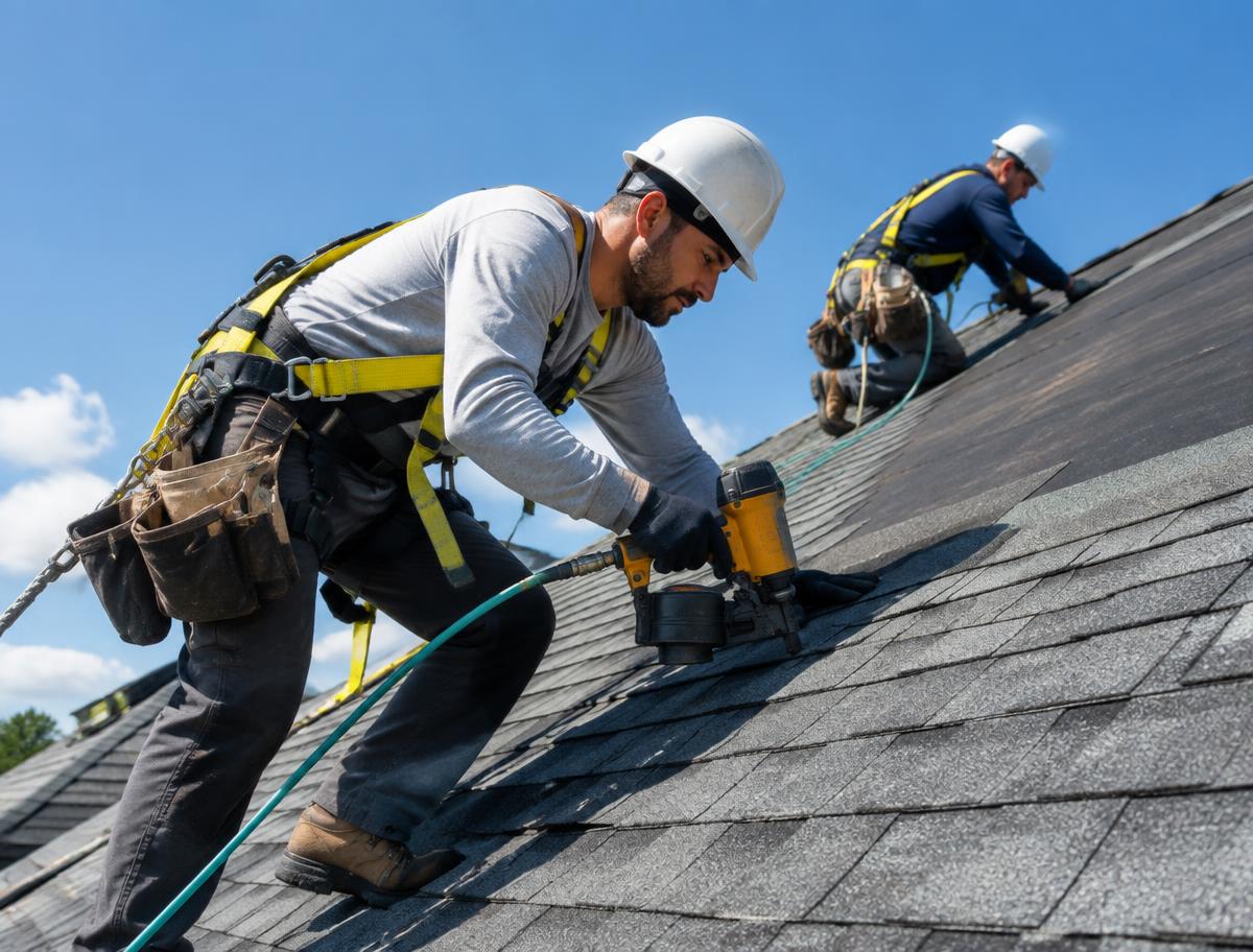 Roofing crew installing new asphalt shingles
