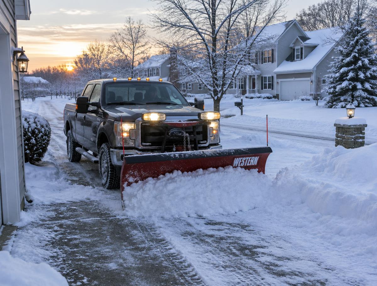 Plow truck clearing a snowy driveway