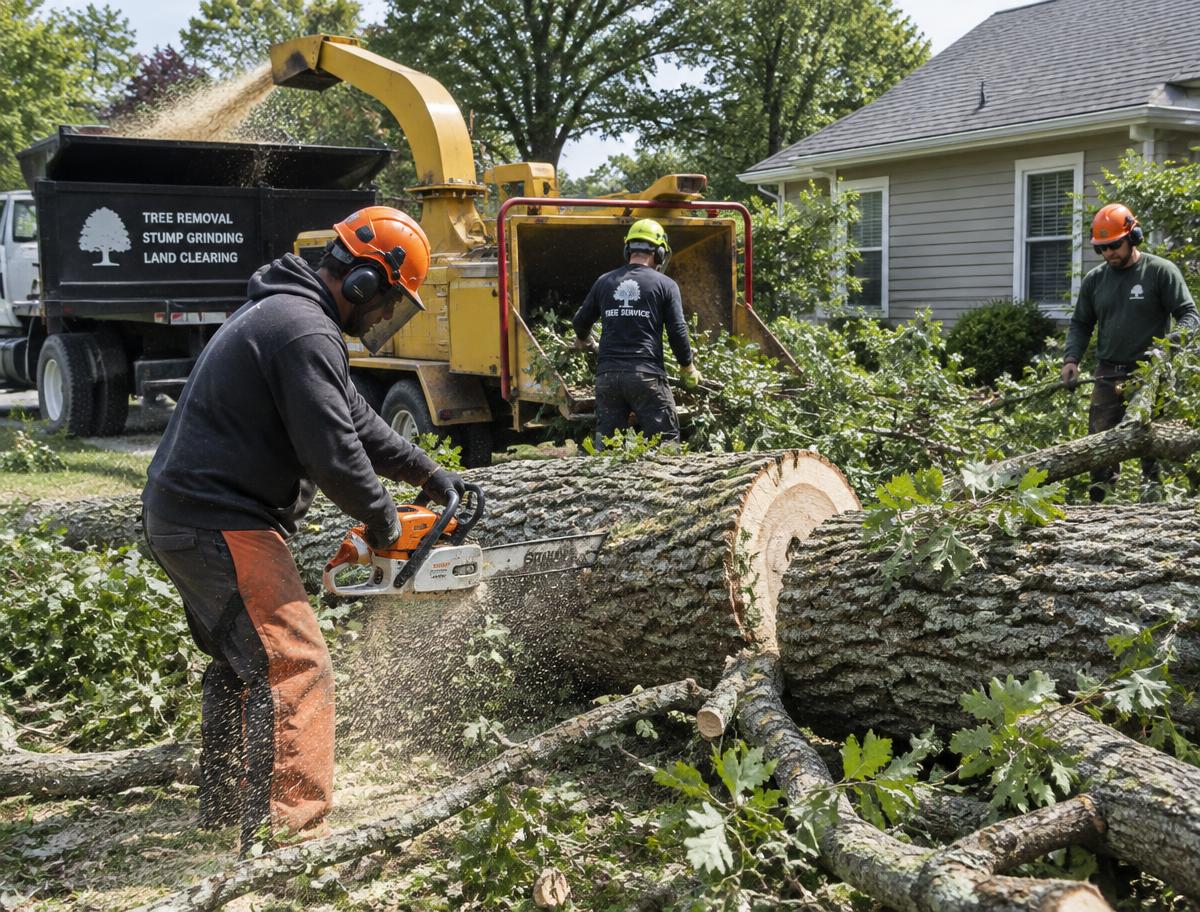 Crew removing a large tree from a residential yard